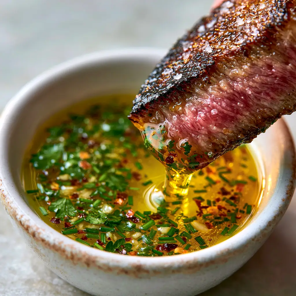 Cowboy Butter Sauce: The Ultimate 5-Minute Dipping Sauce 1 A juicy slice of seared ribeye steak with droplets of Cowboy Butter Sauce clinging to the charred crust.