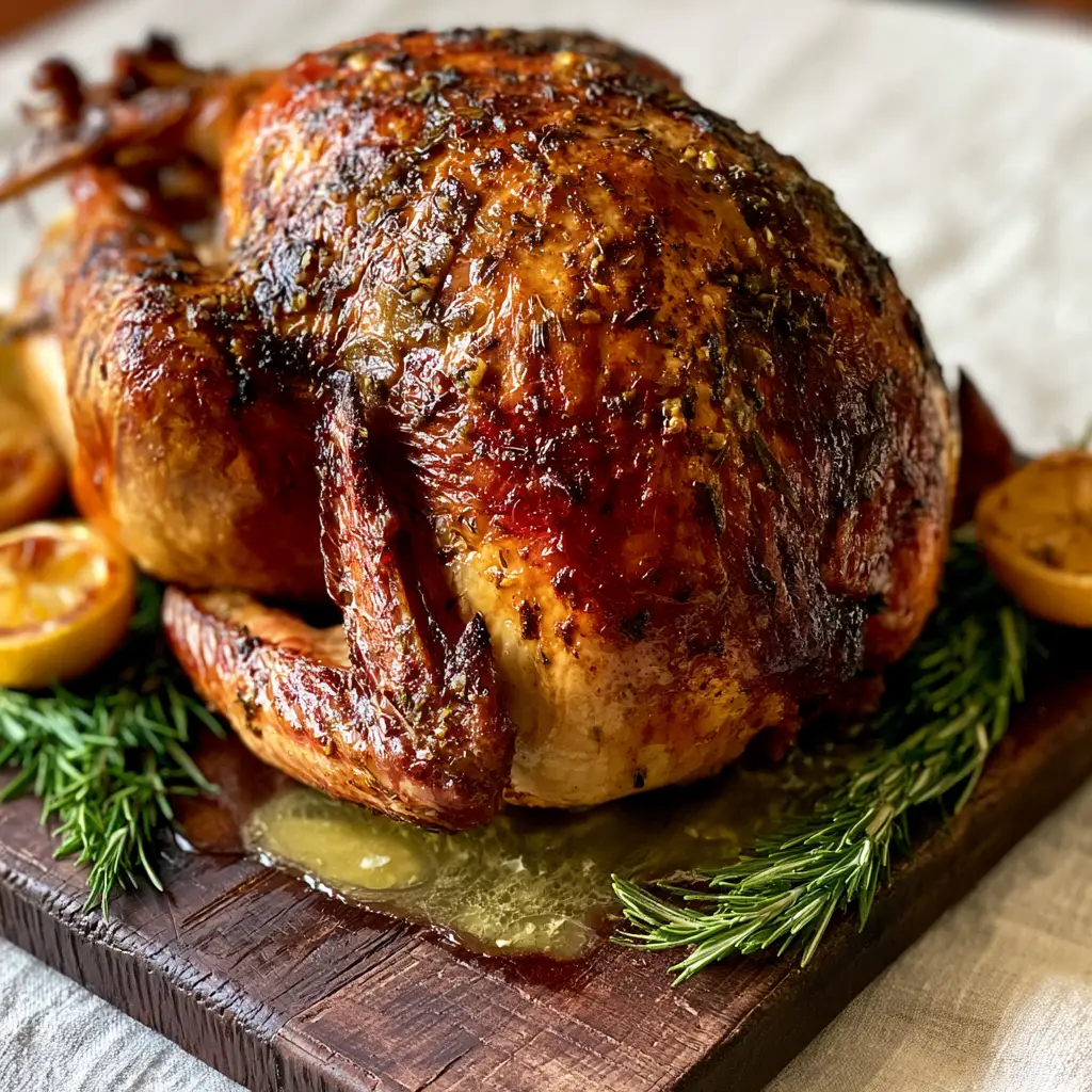 Close up of mahogany turkey skin glistening with garlic butter glaze and roasted lemon halves.