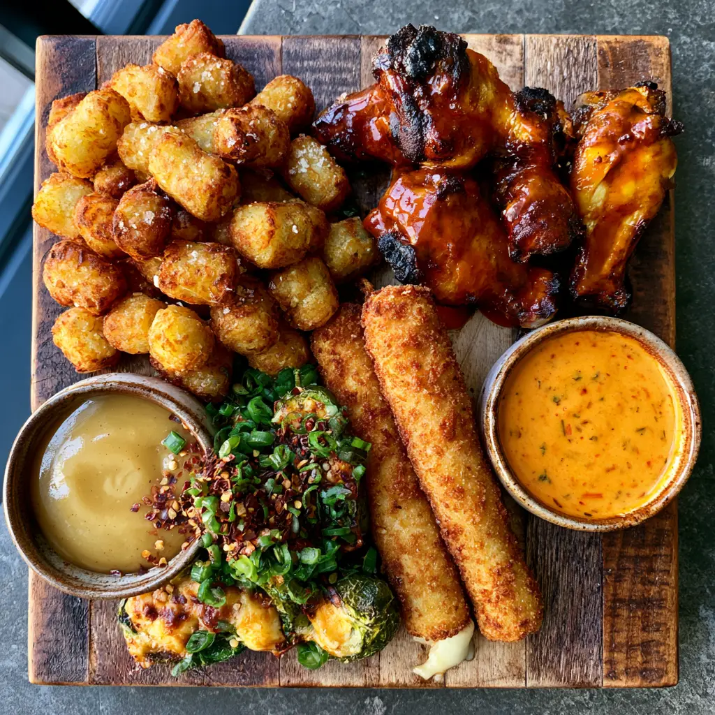 Close up of crispy tater tots and charred wings, perfect stoner snacks for sharing.