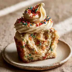 A macro shot of a funfetti cupcake sliced in half showing a fluffy golden interior crumb and vibrant un-bled rainbow sprinkles.