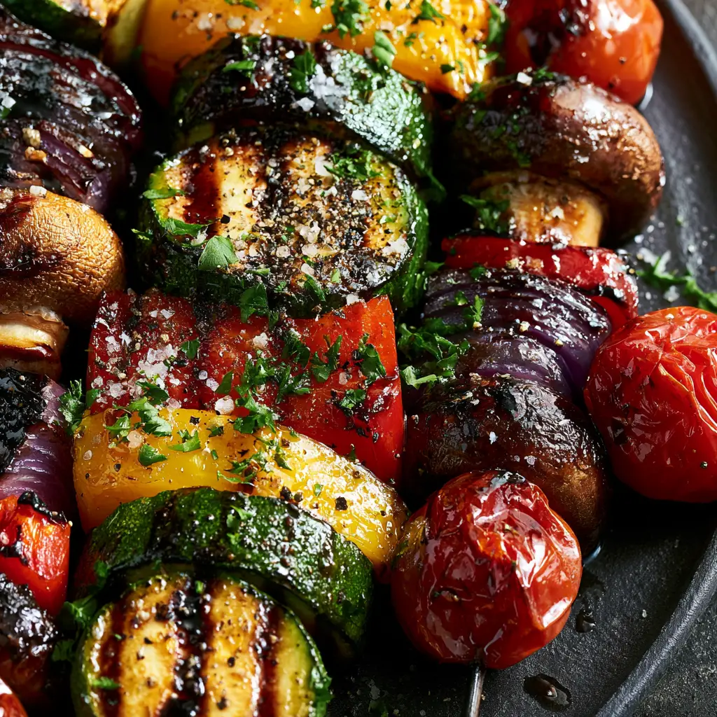 Grilled Veggie Skewers with Glossy Balsamic Glaze 2 Top-down view of Grilled Veggie Skewers showing deep sear marks on zucchini and golden cremini mushrooms.