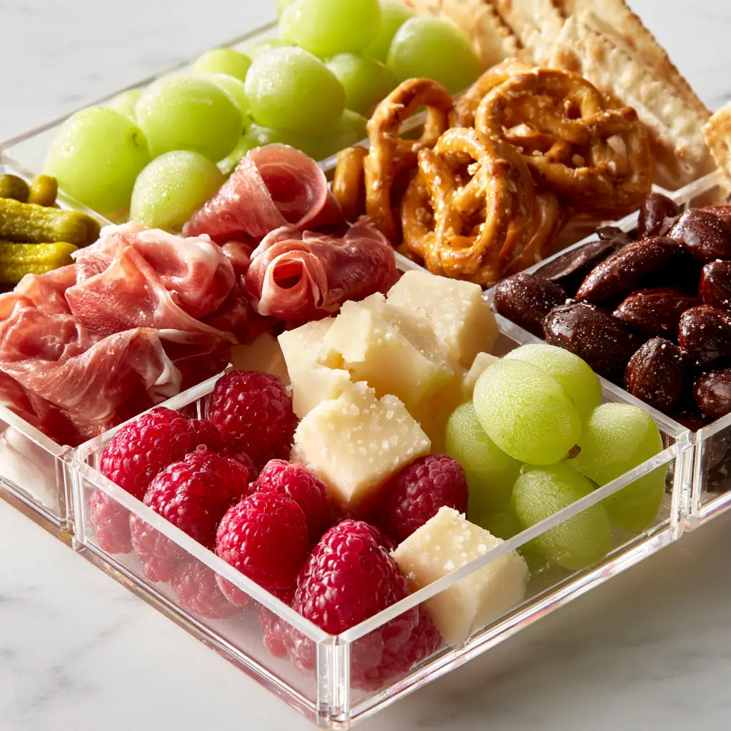 Close up of raspberries, green grapes, and sea salt crackers as part of creative snackle box ideas.