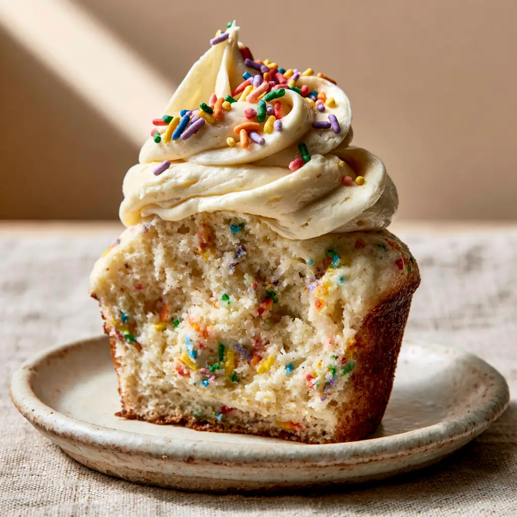 Macro view of a thick swirl of white vanilla buttercream frosting topped with bright rainbow jimmies on a moist golden cupcake.