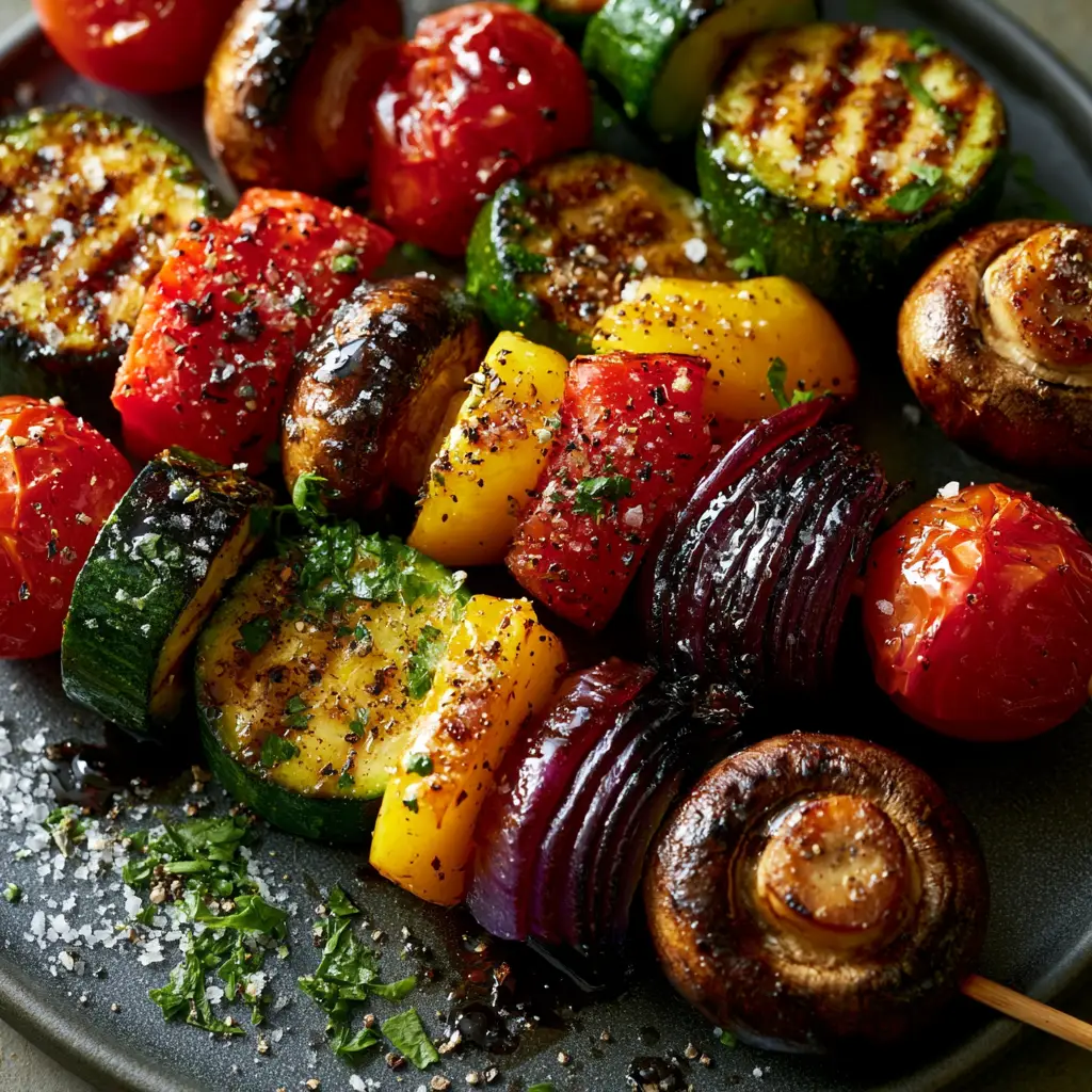 Grilled Veggie Skewers with Glossy Balsamic Glaze 1 Grilled Veggie Skewers glistening with balsamic glaze and sprinkled with coarse sea salt and parsley.