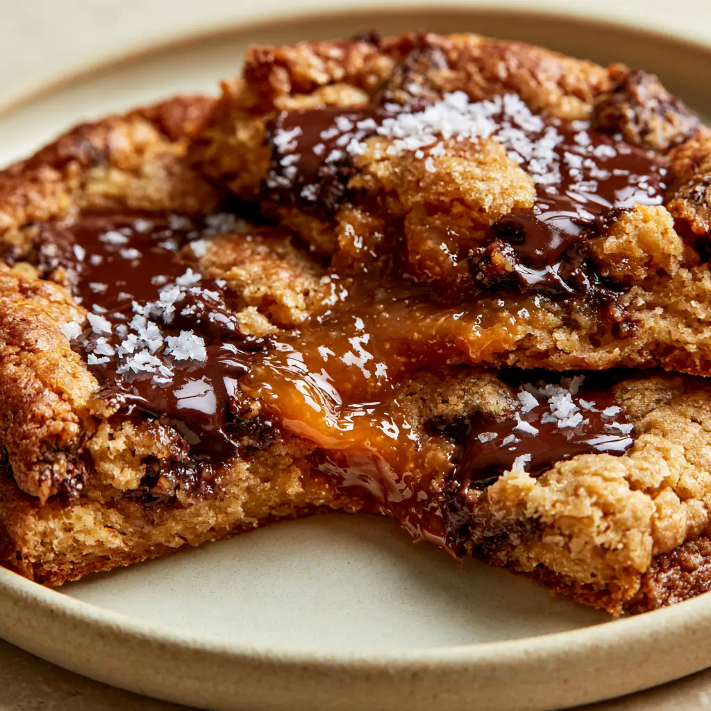Detailed shot of flaky sea salt on a warm amber caramel-filled deep dish chocolate chip cookie.