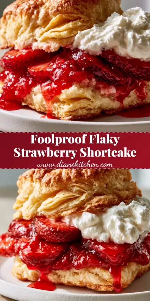 A close-up of a homemade strawberry shortcake with a flaky biscuit, deep-red strawberries, and thick syrup.