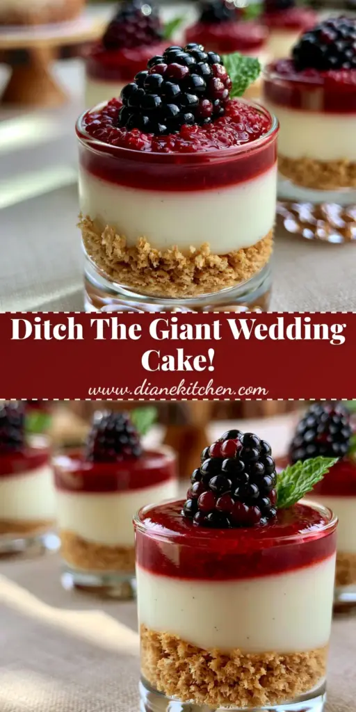 A luxurious wedding sweets table featuring layered mini panna cotta cups with graham cracker crust and raspberry coulis.
