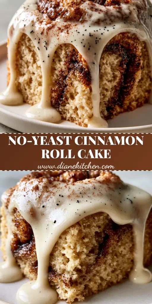 A tall Pinterest-style image of a cinnamon roll cake with thick dripping cream cheese glaze and dark brown sugar swirls.