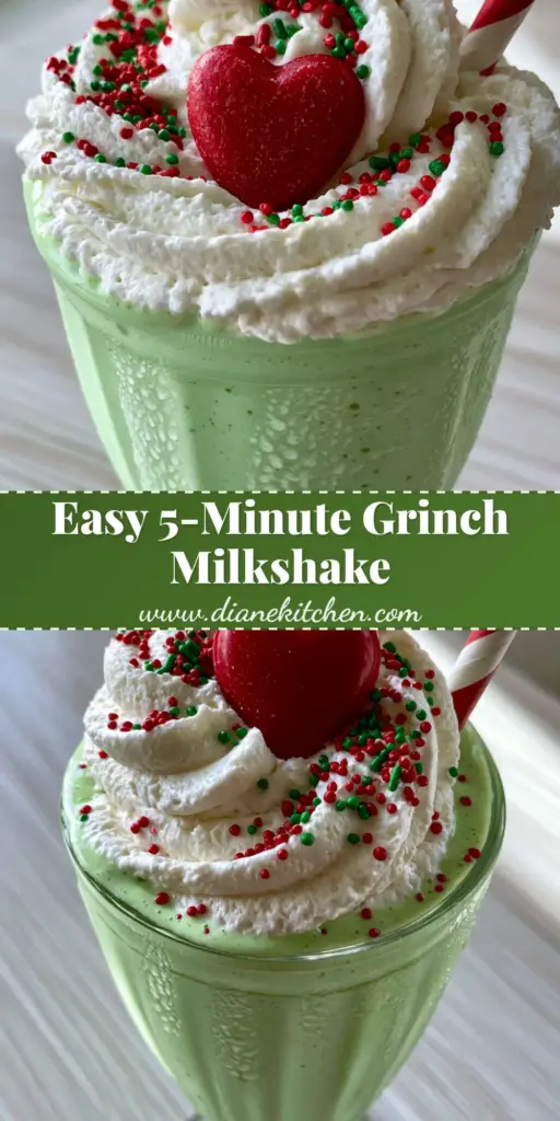 Grinch Vanilla Milkshake Recipe (The Best Festive Treat) 3 A tall Grinch Vanilla Milkshake with a vibrant neon green color, topped with whipped cream, a large red candy heart, and festive sprinkles on a wooden table.