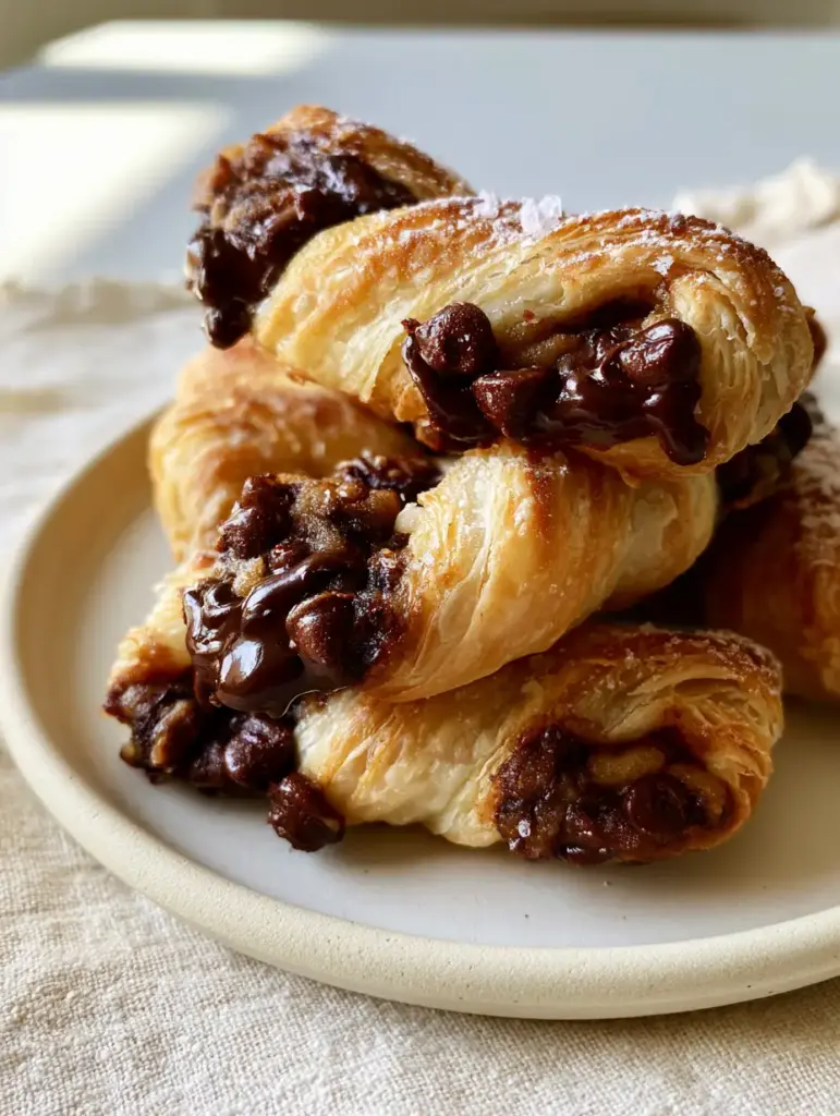Chocolate Chip Cookie Dough Twists: The Ultimate Flaky Dessert 2 Close-up of freshly baked chocolate chip cookie dough twists with visible laminated layers and oozing chocolate chips.