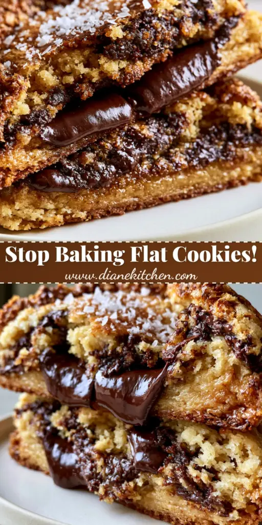 Bakery style chocolate chip cookies: The Ultimate Brown Butter Recipe 4 A giant, thick bakery style chocolate chip cookie split in half showing a gooey fudgy center and melted dark chocolate chunks with flaky sea salt.