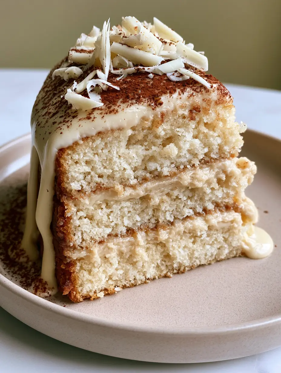 A moist slice of White Chocolate Mocha Cake showing three layers and silky espresso buttercream on a matte plate.
