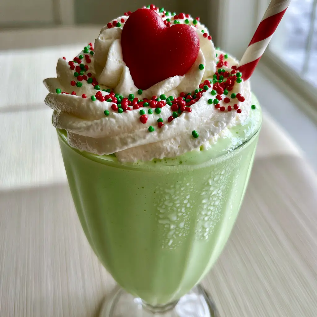 Close-up smartphone photo of a neon green Grinch Vanilla Milkshake with thick whipped cream and a red heart.