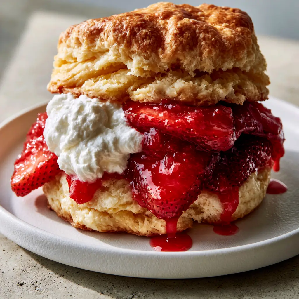 Close up of deep-red macerated strawberries and pillowy whipped white cream inside a biscuit.