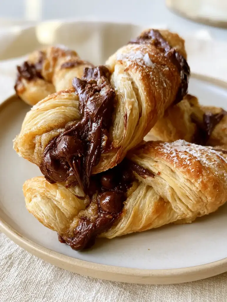Chocolate Chip Cookie Dough Twists: The Ultimate Flaky Dessert 1 Chocolate chip cookie dough twists dusted with powdered sugar and flaky sea salt on a neutral linen background.