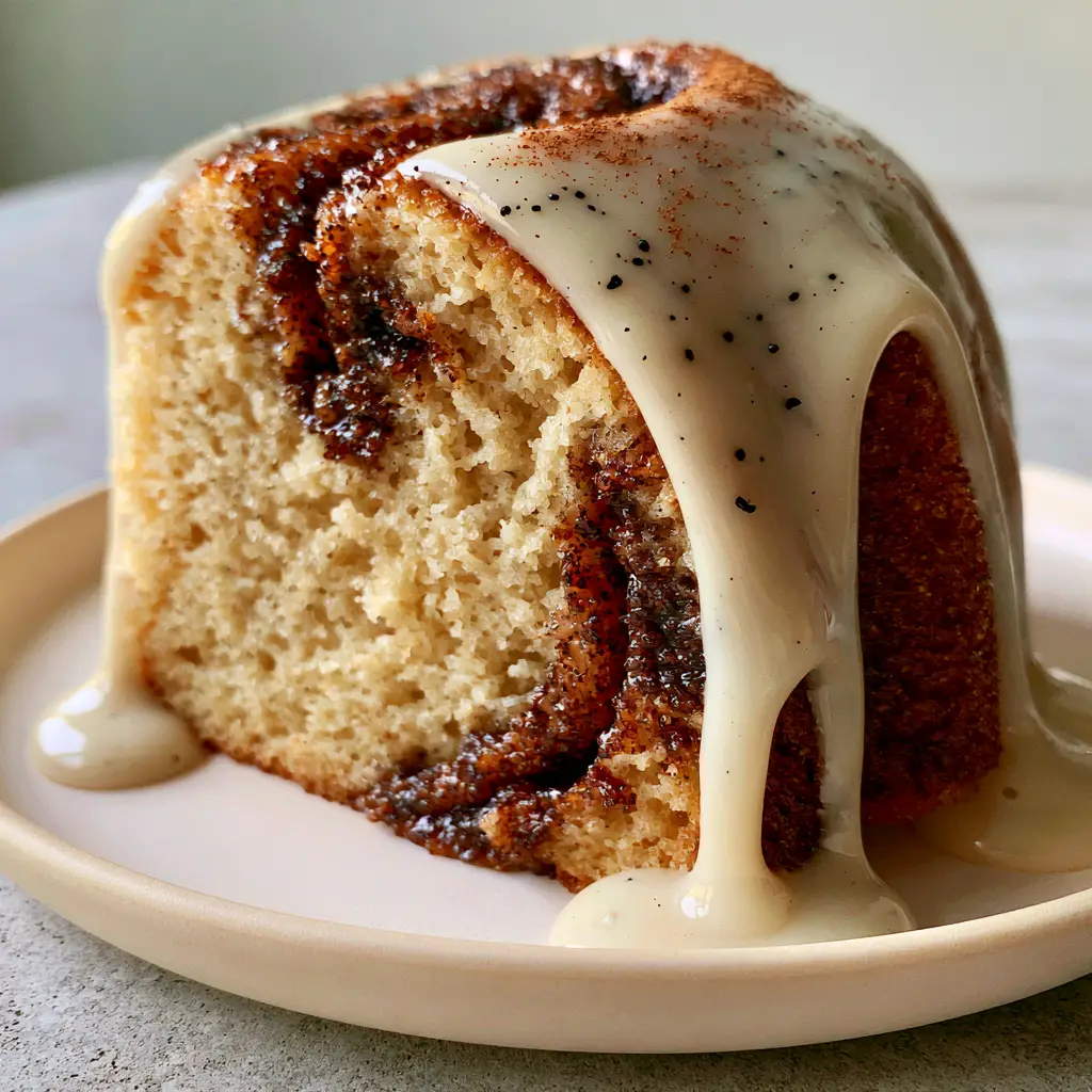 A side view of the cinnamon roll cake focusing on the glossy, slow-moving ivory glaze drips.