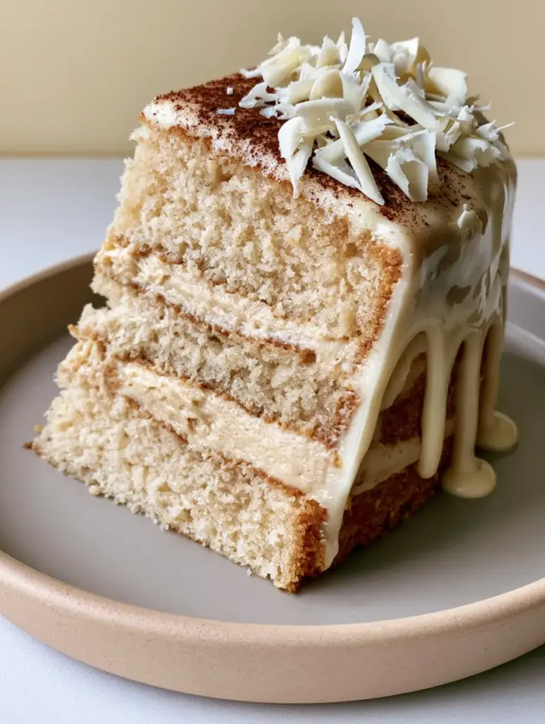 Close up of glossy white chocolate ganache drip and espresso powder dust on a mocha cake.