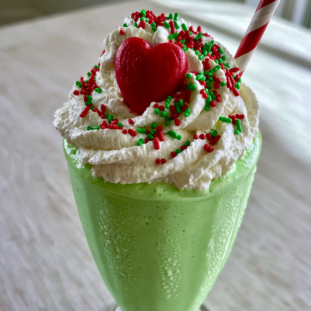 Grinch Vanilla Milkshake Recipe (The Best Festive Treat) 1 A handheld shot of a vibrant green Grinch Vanilla Milkshake in a classic tall glass with a red and white straw.