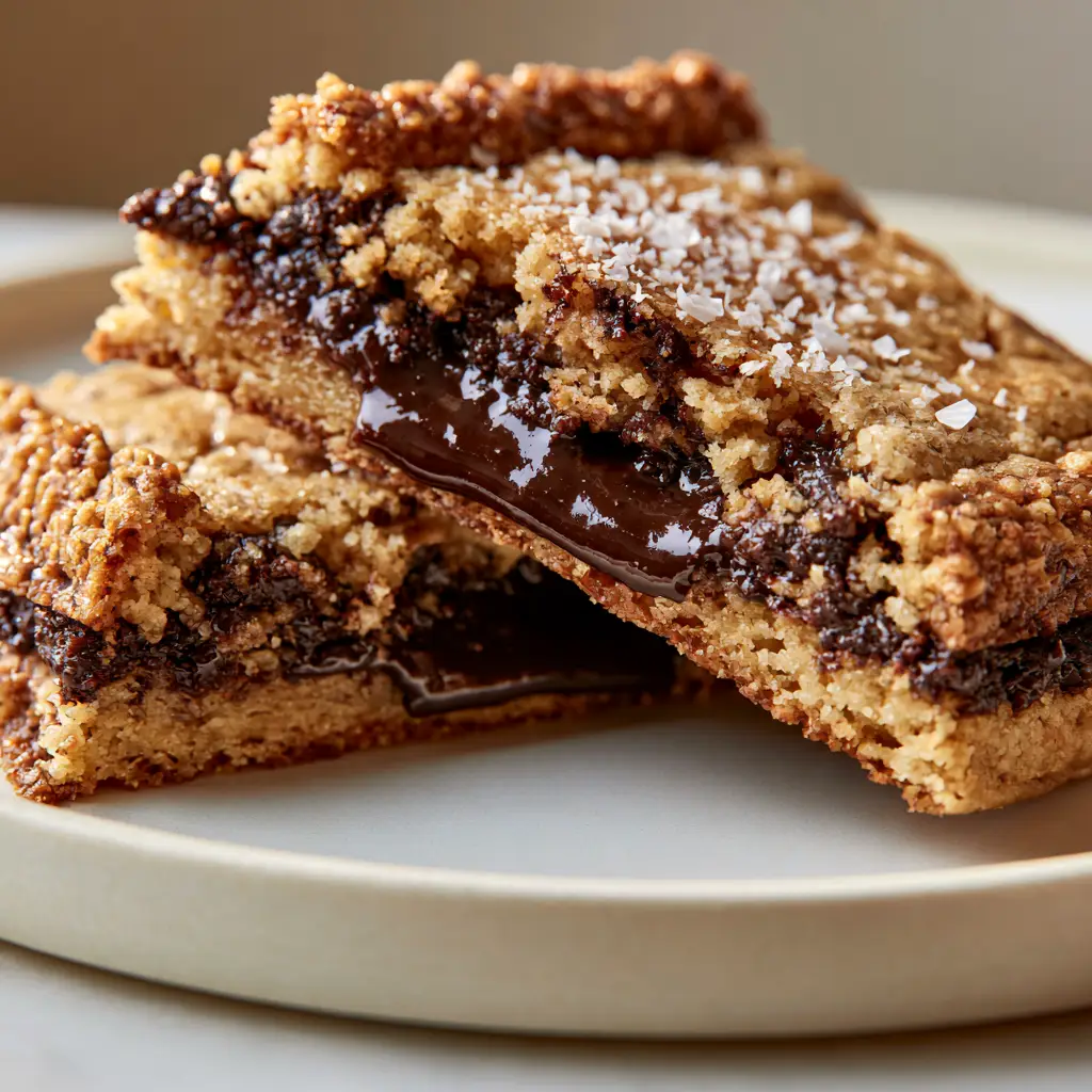 Bakery style chocolate chip cookies: The Ultimate Brown Butter Recipe 1 Detail of melted dark chocolate chunks and flaky sea salt on a bakery style chocolate chip cookie.