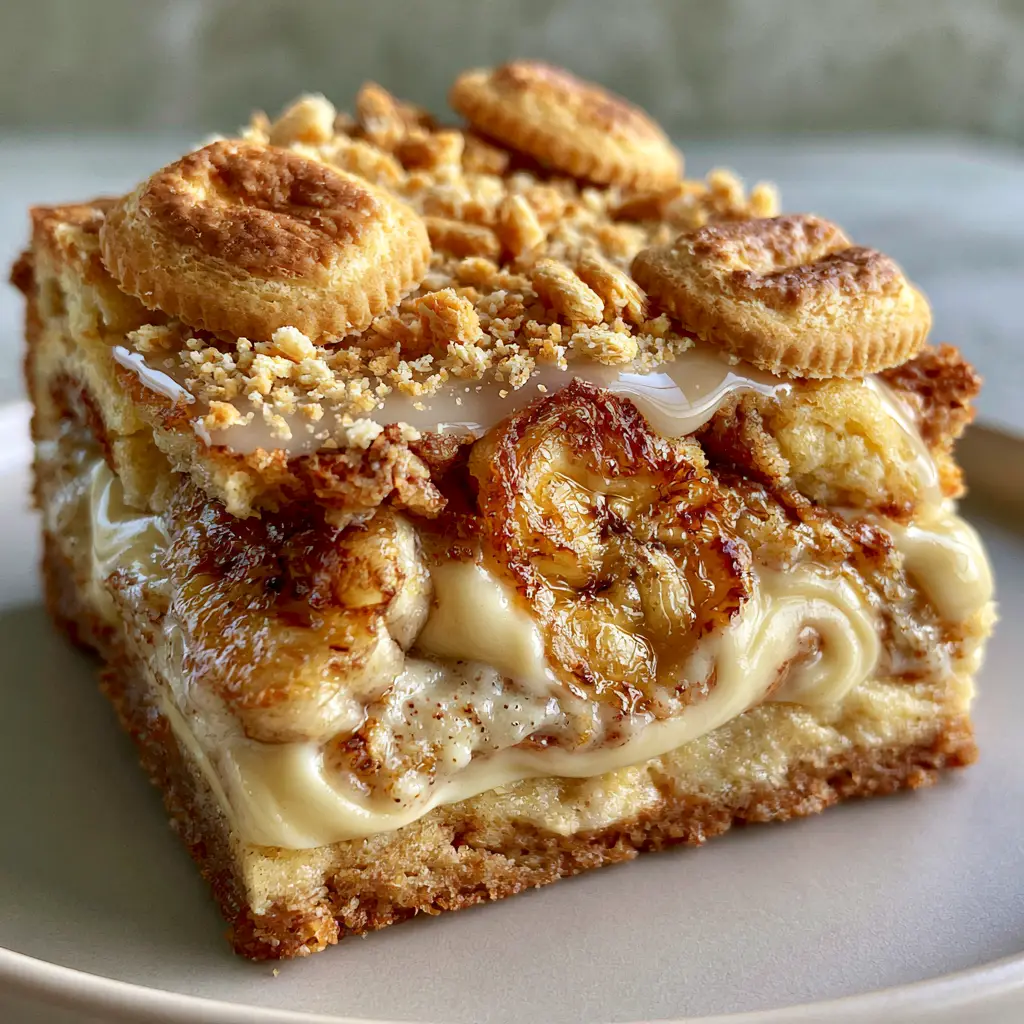 A close-up shot of banana pudding brownies showing the moist crumb and toasted golden Nilla wafer cookies.