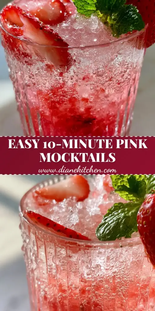 An elegant pink Bridal Shower Mocktail in a ribbed glass with layered strawberry puree, crushed ice, and fresh mint on a marble table.