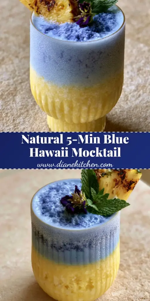 Blue Hawaii Mocktail: The Ultimate Layered Tropical Refreshment 4 A handheld smartphone photo of a layered Blue Hawaii Mocktail in an elegant ribbed glass with blue tea on top and yellow pineapple-coconut on bottom.