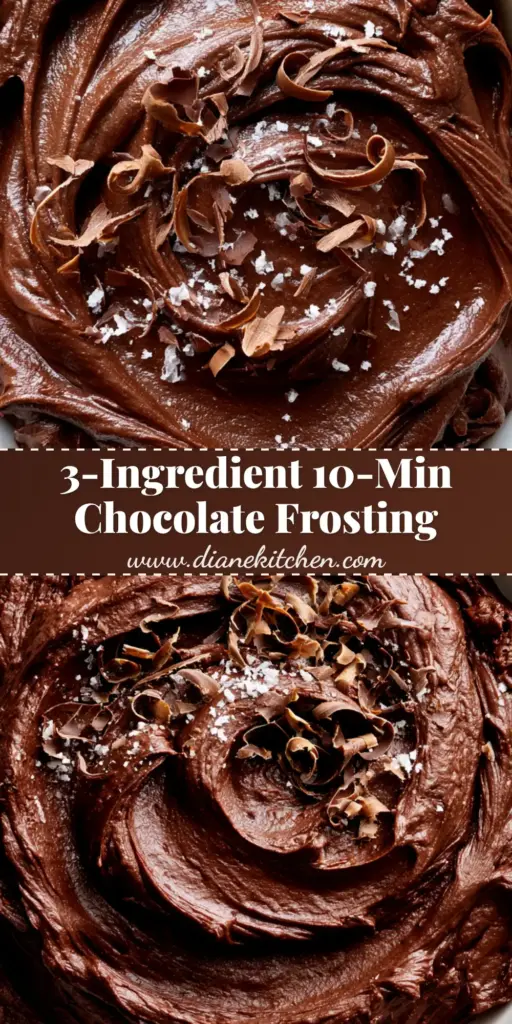 Chocolate Frosting: The Ultimate Dark, Silky, and Glossy Recipe 4 A close-up vertical shot of thick, glossy dark chocolate frosting with deep spatula swirls, garnished with chocolate curls and flaky sea salt.