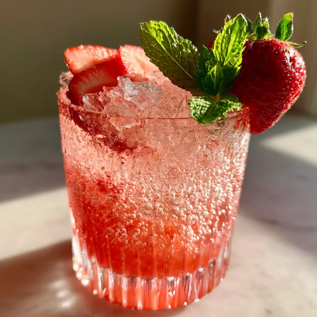 Close-up macro shot of Bridal Shower Mocktails showing carbonation bubbles, crushed ice, and strawberry layers in a ribbed glass.
