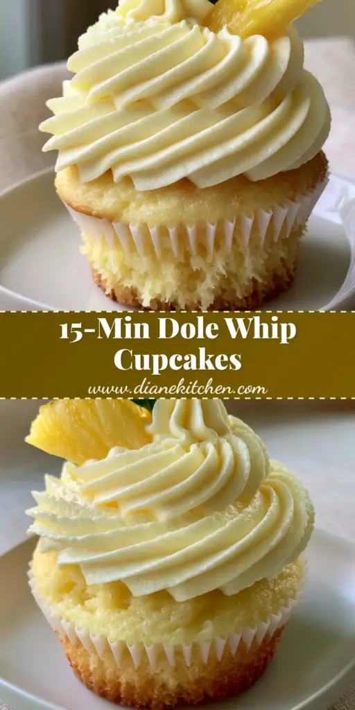 A towering Dole Whip cupcake with pale-yellow pineapple frosting, a fresh pineapple wedge, and a mint leaf in a white liner. (Dole Whip cupcakes)
