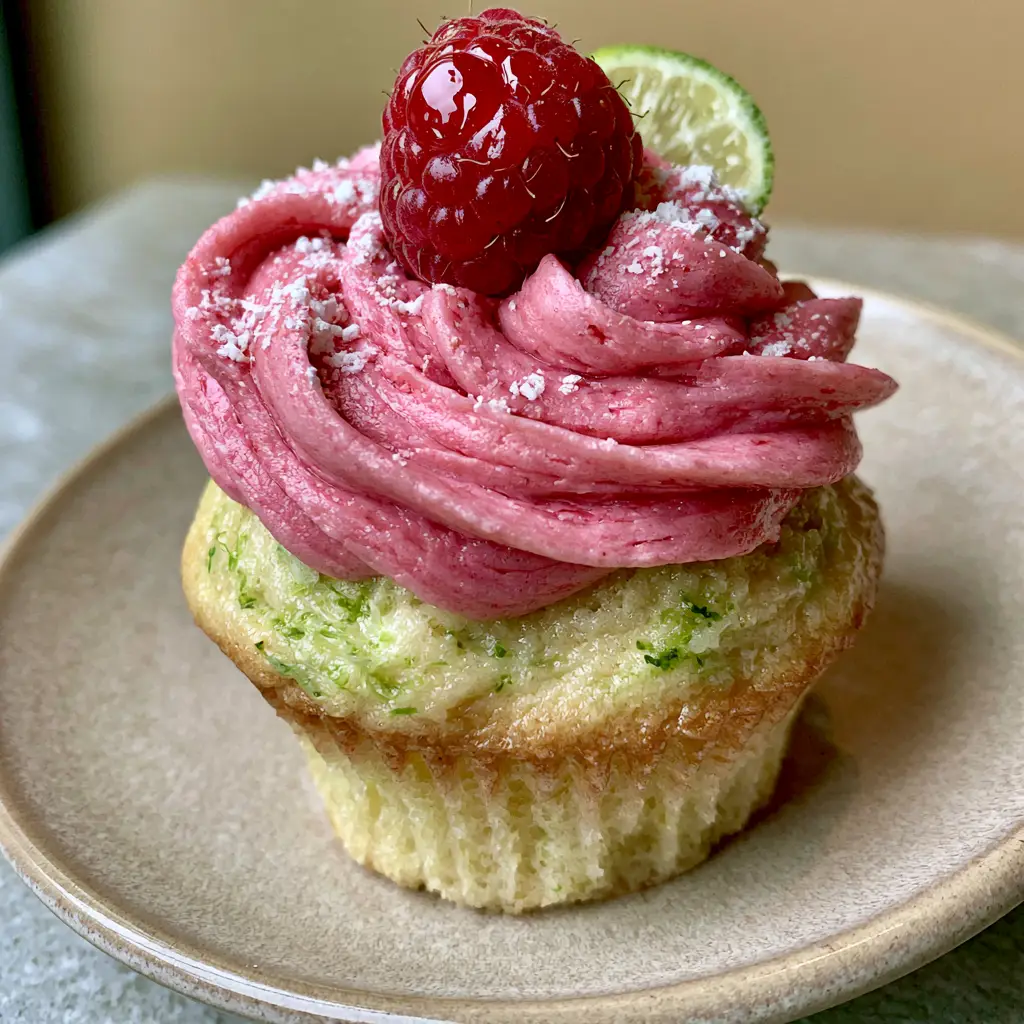 A single gourmet cupcake garnished with a lime slice and raspberry, dusted with powdered sugar. (Raspberry Lime Cupcakes)
