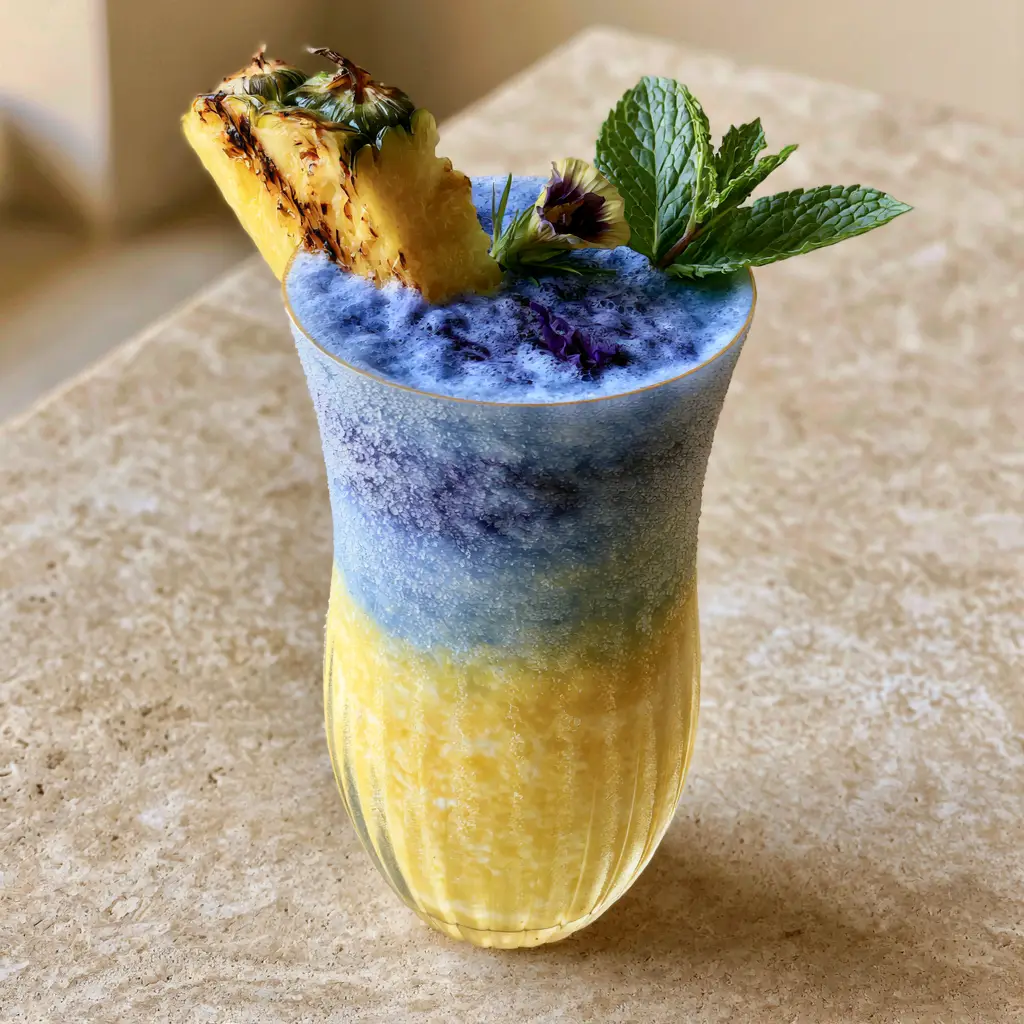 Close up of a Blue Hawaii Mocktail showing condensation on a ribbed glass and a vibrant blue natural tea layer.