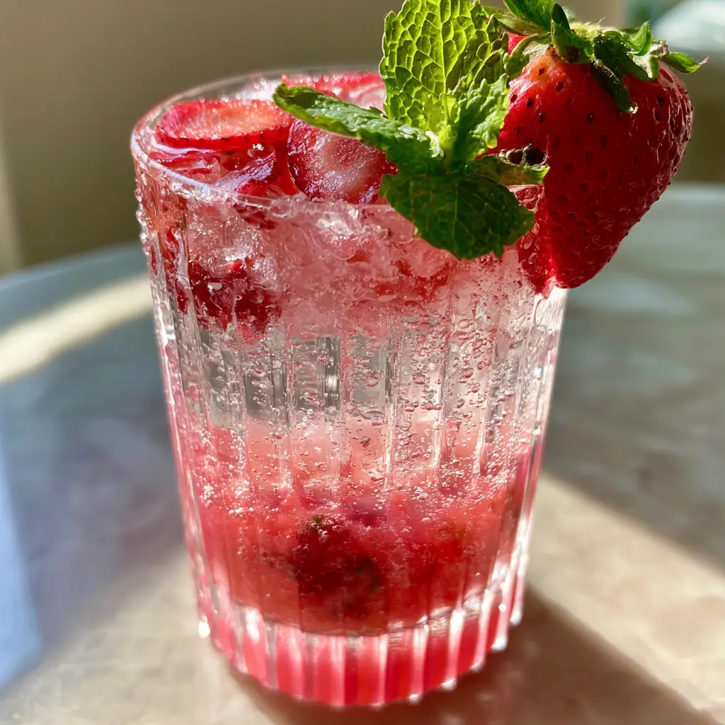 Bridal Shower Mocktails served on a marble tabletop under natural light with mint sprig and whole strawberry garnish.