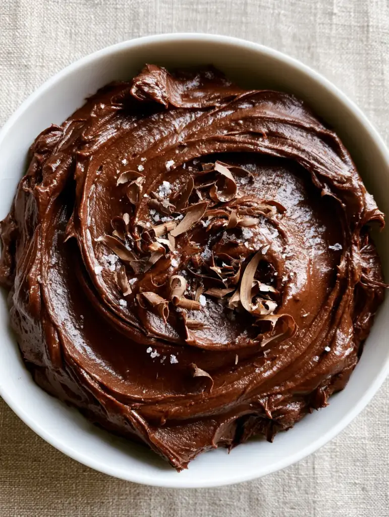 Chocolate Frosting: The Ultimate Dark, Silky, and Glossy Recipe 2 A wide white ceramic bowl filled with mahogany-colored chocolate frosting showing smooth offset spatula waves on a linen background.