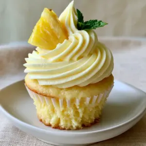 Close up shot of a golden-yellow pineapple cupcake with sharp star-tip frosting ridges. (Dole Whip cupcakes)