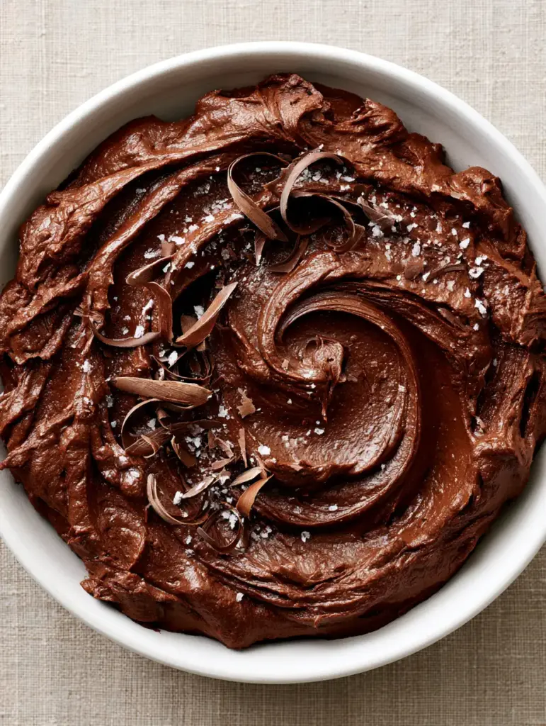 Chocolate Frosting: The Ultimate Dark, Silky, and Glossy Recipe 1 Top down view of glossy dark chocolate frosting sprinkled with bittersweet chocolate curls and flaky sea salt.