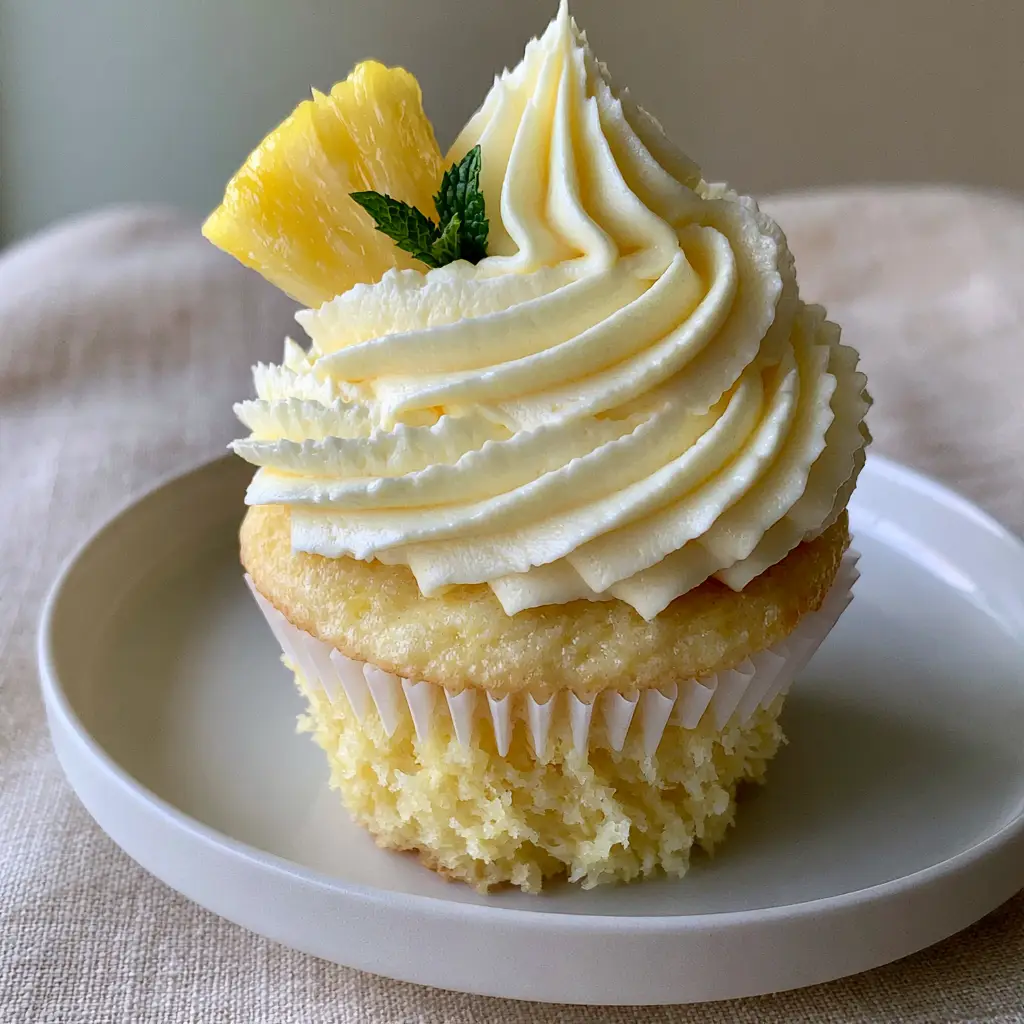 A moist pineapple cupcake base in a clean white paper liner garnished with fresh mint and pineapple.