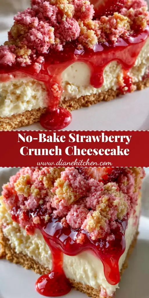A tall slice of Strawberry Crunch Cheesecake Recipe showing the thick graham cracker base and pink crumble topping.