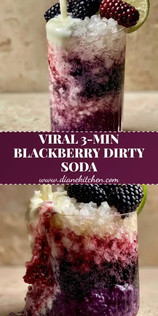 A tall ribbed glass filled with blackberry cream dirty soda featuring crushed pebble ice, dark soda, and a heavy cream swirl.