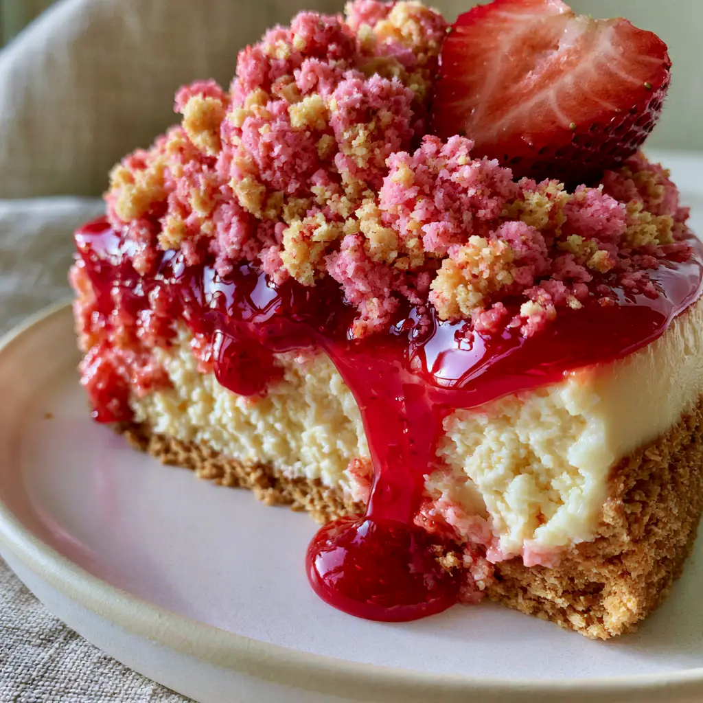 A side view of the Strawberry Crunch Cheesecake showing the dense velvety filling and golden crust.
