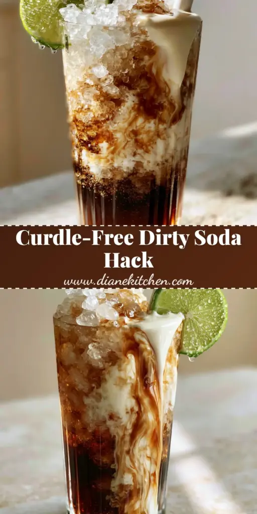 A refreshing dirty soda recipe in a ribbed glass with heavy cream ribbons and a lime wheel on a limestone counter.