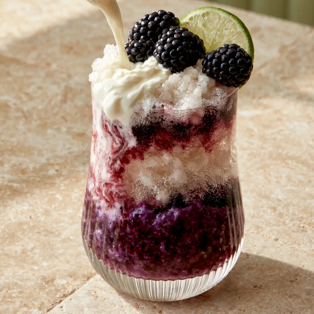 Close-up of heavy sweet cream pouring into a blackberry cream dirty soda with fizzy bubbles and purple puree.