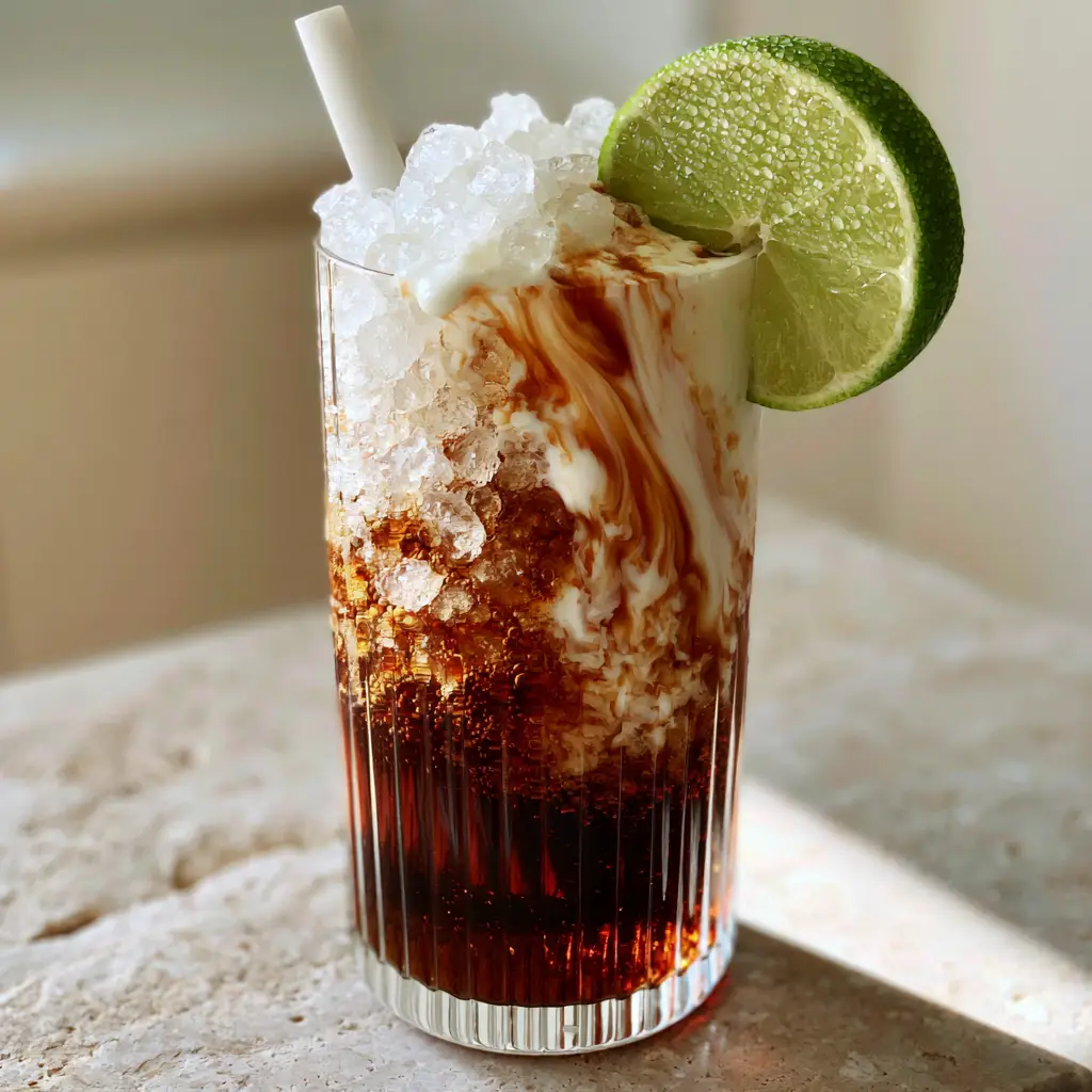 Modern clear ribbed glass tumbler with a dark cola base and heavy cream cascading through pebble ice (dirty soda recipe).