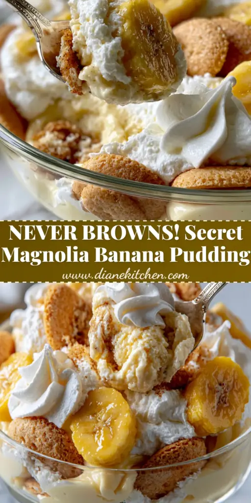 A tall glass dish filled with layers of Southern banana pudding, featuring vanilla custard, cookies, and bananas. (banana pudding recipe)