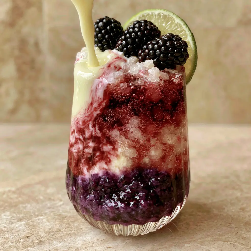 A finished blackberry cream dirty soda garnished with fresh blackberries and a lime wheel on a stone background.