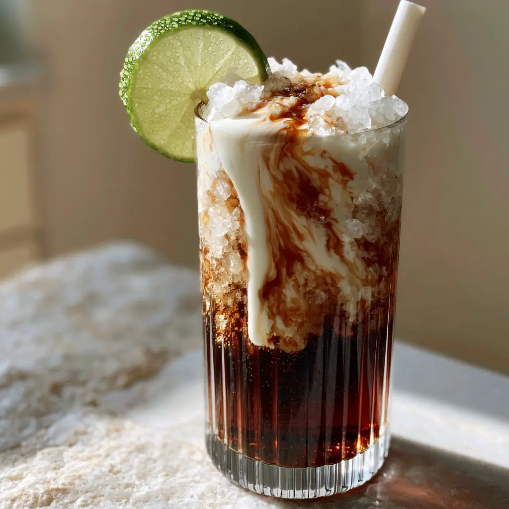 A top-down view of a dirty soda recipe featuring a lime wheel garnish and condensation droplets on a ribbed glass.