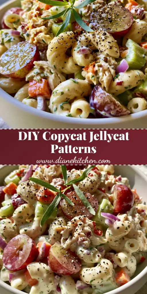 Jellycat crochet patterns and the Ultimate Creamy Chicken Pasta Salad 4 A Pinterest-style vertical graphic showing a bowl of creamy chicken pasta salad with red grapes, styled next to Jellycat crochet patterns and yarn.