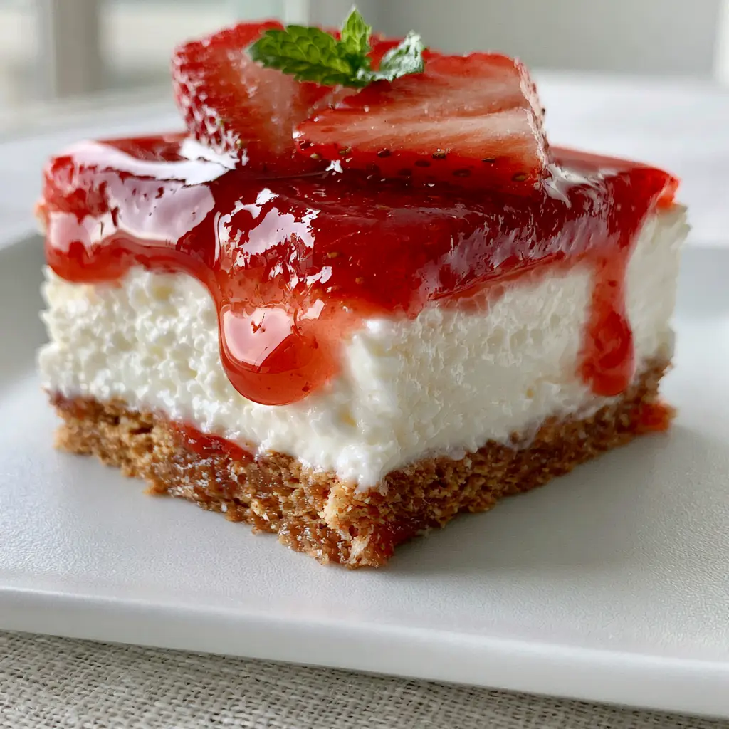 Close up of the glossy red strawberry glaze dripping down a thick cheesecake bar.