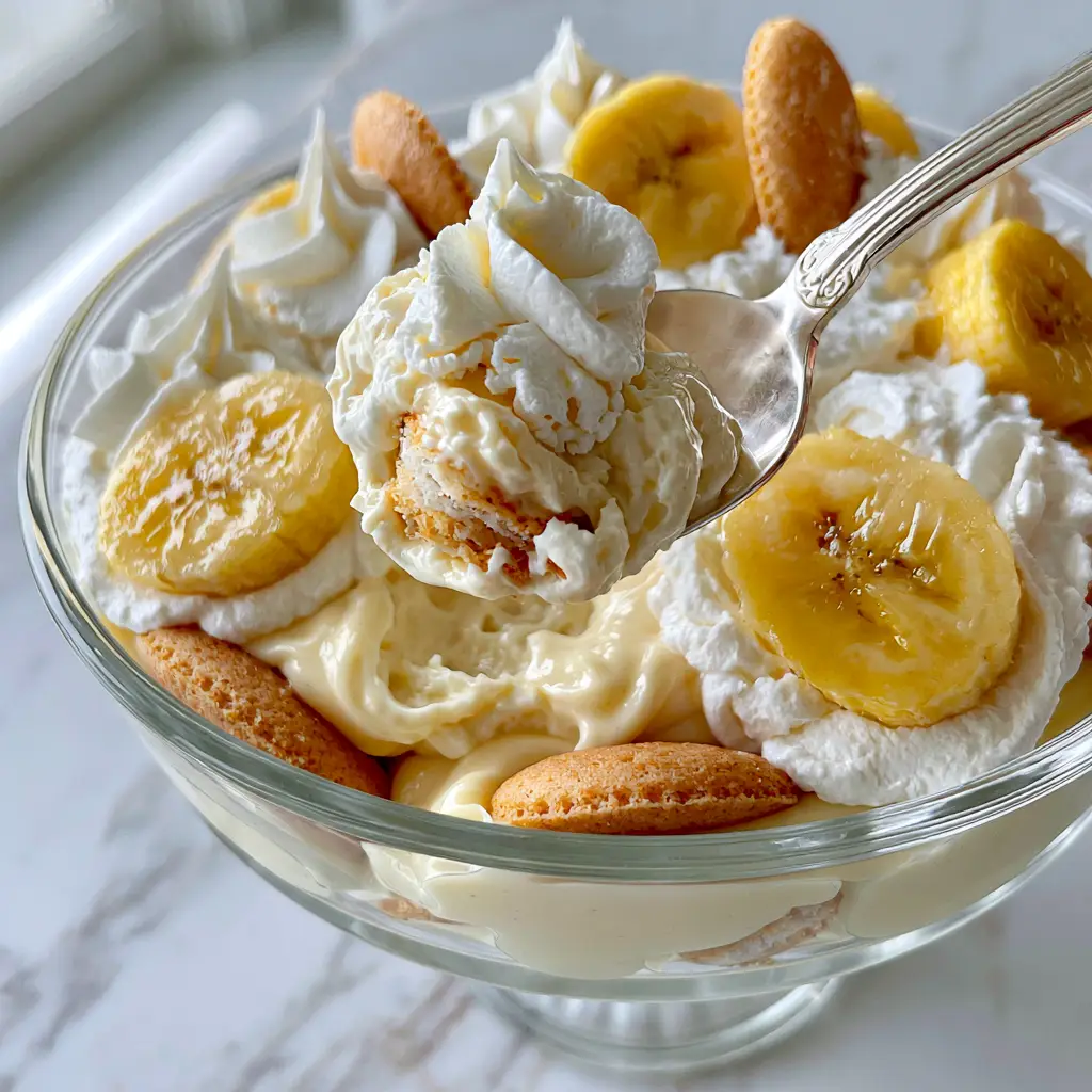 Cross-section showing pristine layers of golden wafers and bright yellow bananas in a clear bowl.