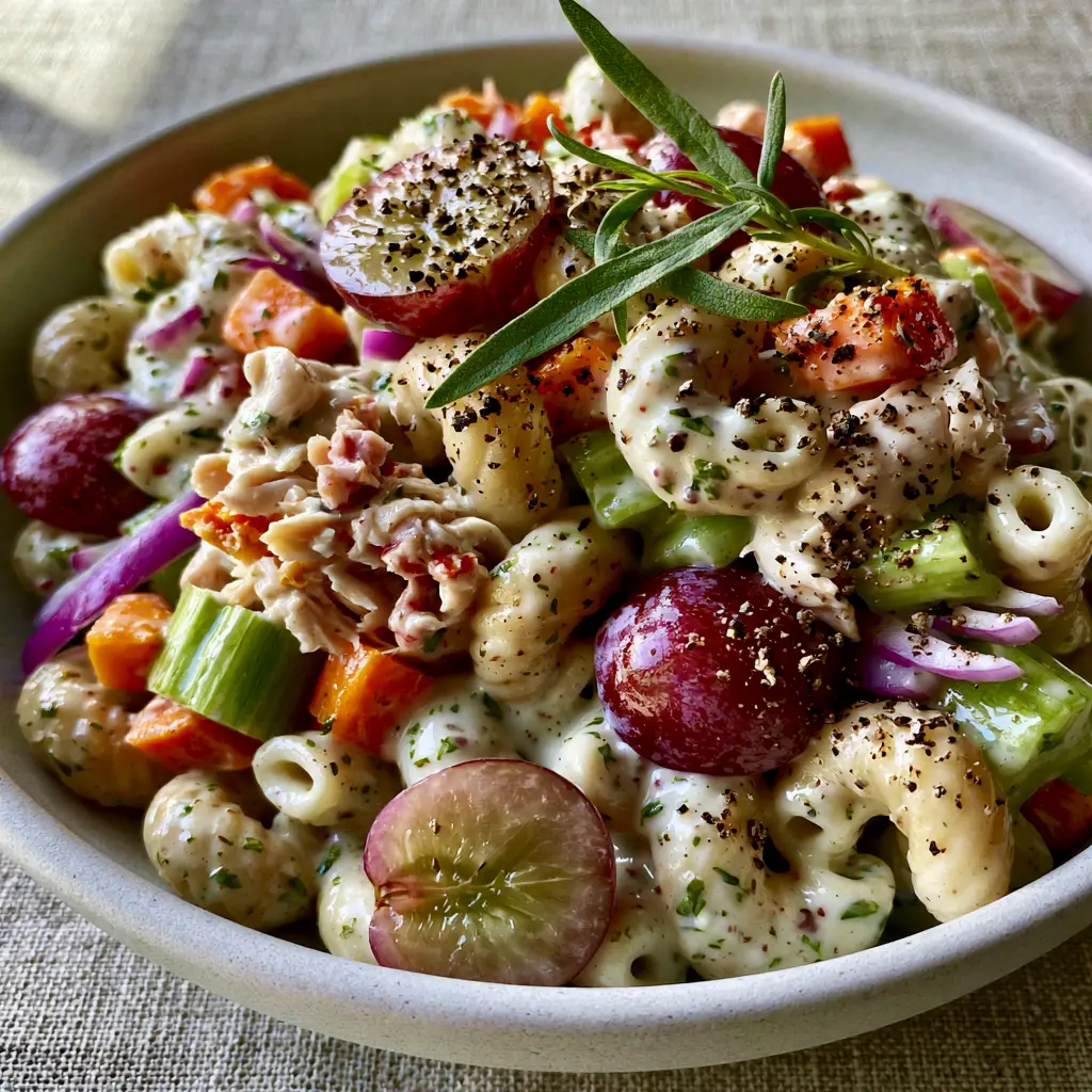Jellycat crochet patterns and the Ultimate Creamy Chicken Pasta Salad 1 Close up of al dente elbow macaroni and shredded chicken in a creamy tarragon dressing with purple onions.