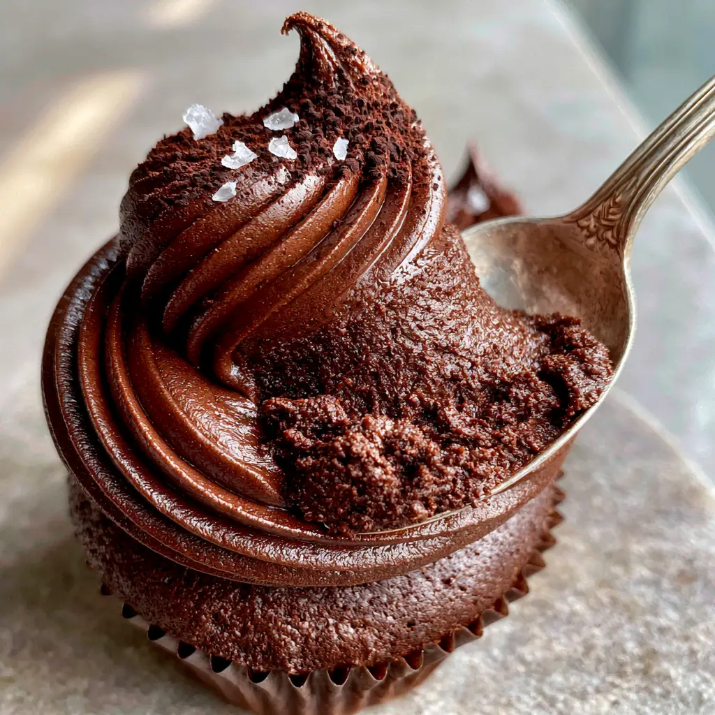 A vintage spoon scooping into a majestic swirl of dark chocolate frosting atop a moist cake base.